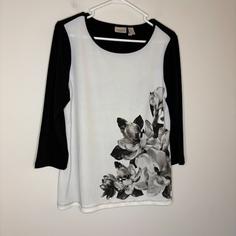 EASYWEAR by CHICO'S 3/4 Sleeve Tunic Womens M Floral Black Gray Stretch Casual